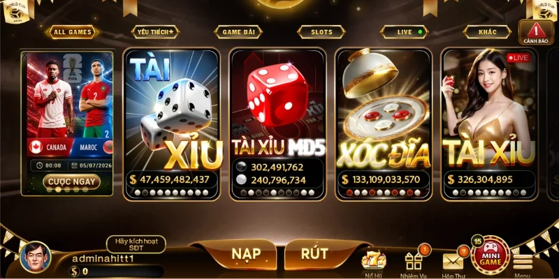 Danh mục trò chơi Hit Club gồm game bài, slot và trò chơi trực tiếp