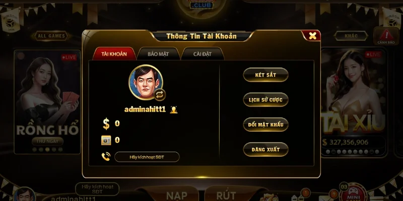 Màn hình thông tin và tùy chọn bảo mật tài khoản Hit Club