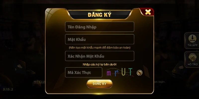 Màn hình đăng ký tài khoản Hit Club với các trường tên đăng nhập, mật khẩu và mã xác thực